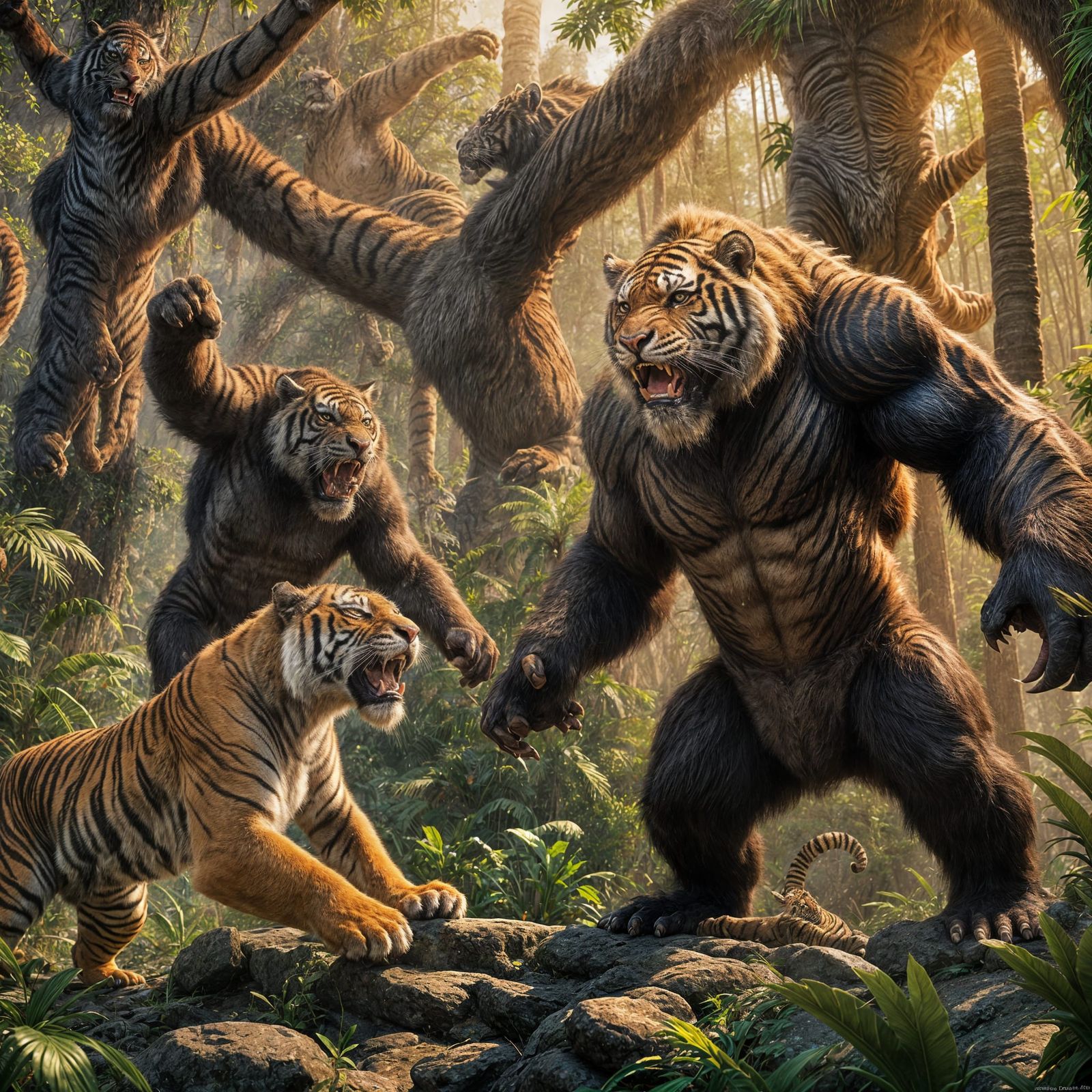 Epic Tiger vs. King Kong Battle in Detailed Digital Art
