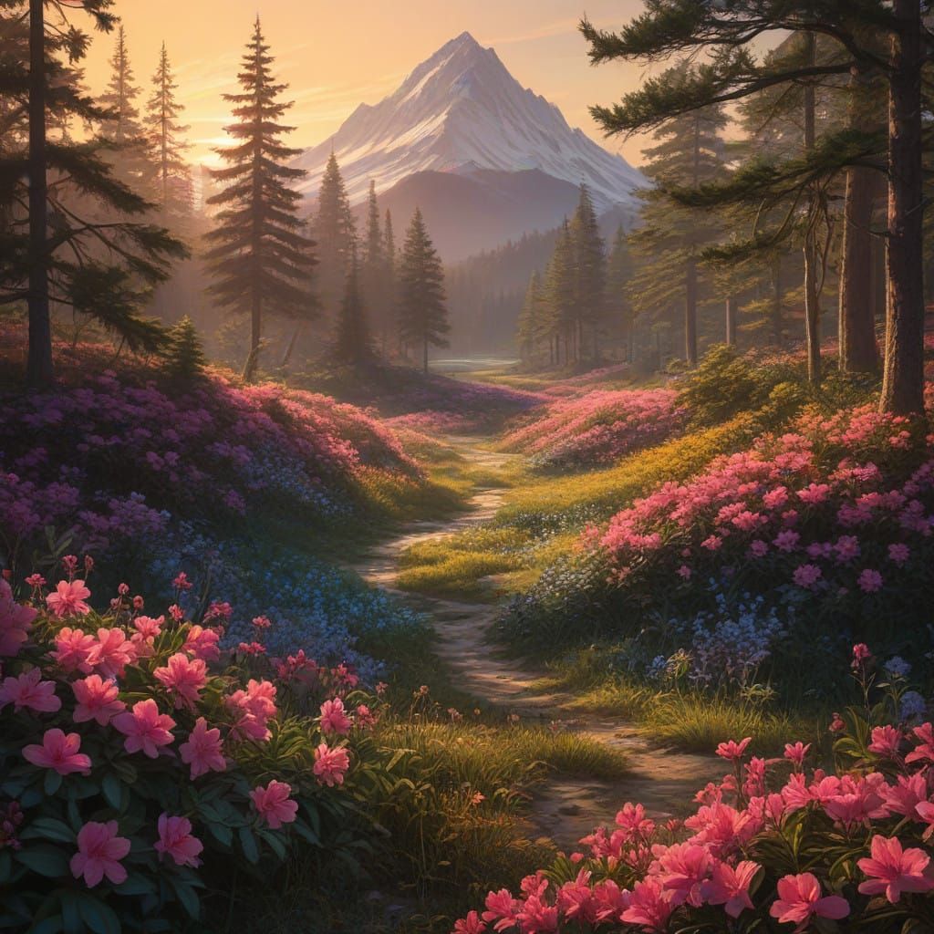 Vibrant Azalea Field Under Golden Sunset