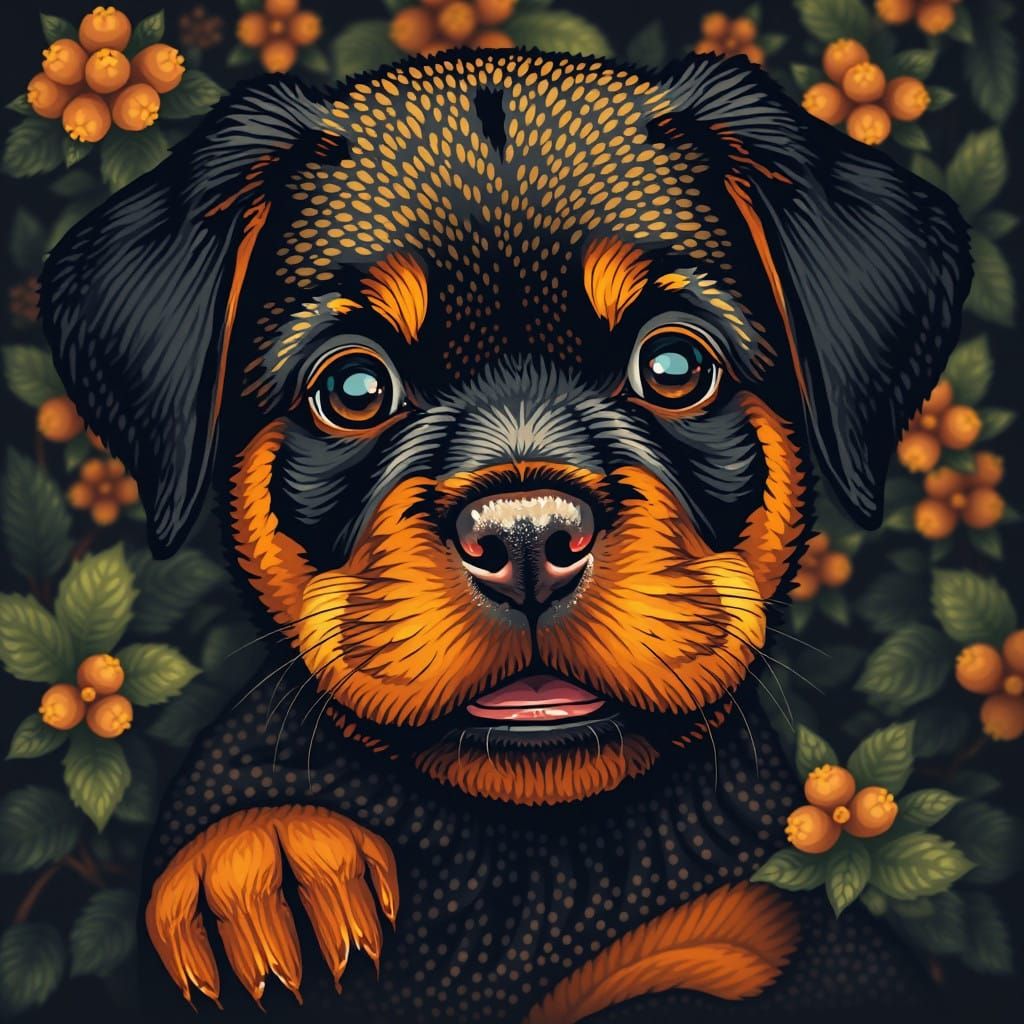 Warm Dot Work Portrait of a Playful Rottweiler Puppy