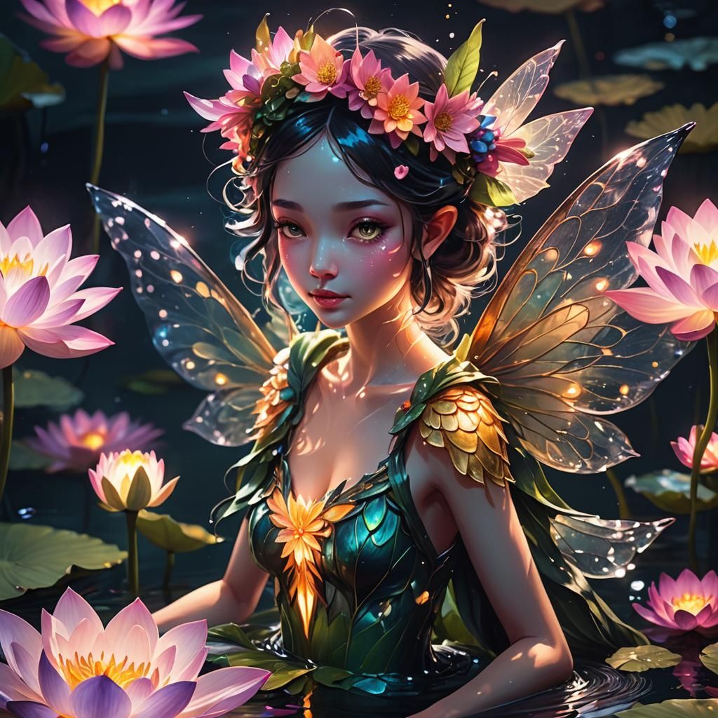 Glowing Lotus Flower Fairy in Art Nouveau Style