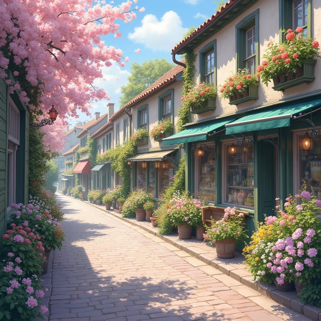Idyllic Pastel-Colored Village Street in a Whimsical Art Sty...