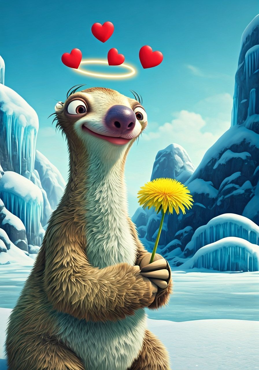 Sid the Sloth in Love with Dandelion, Winter Landscape