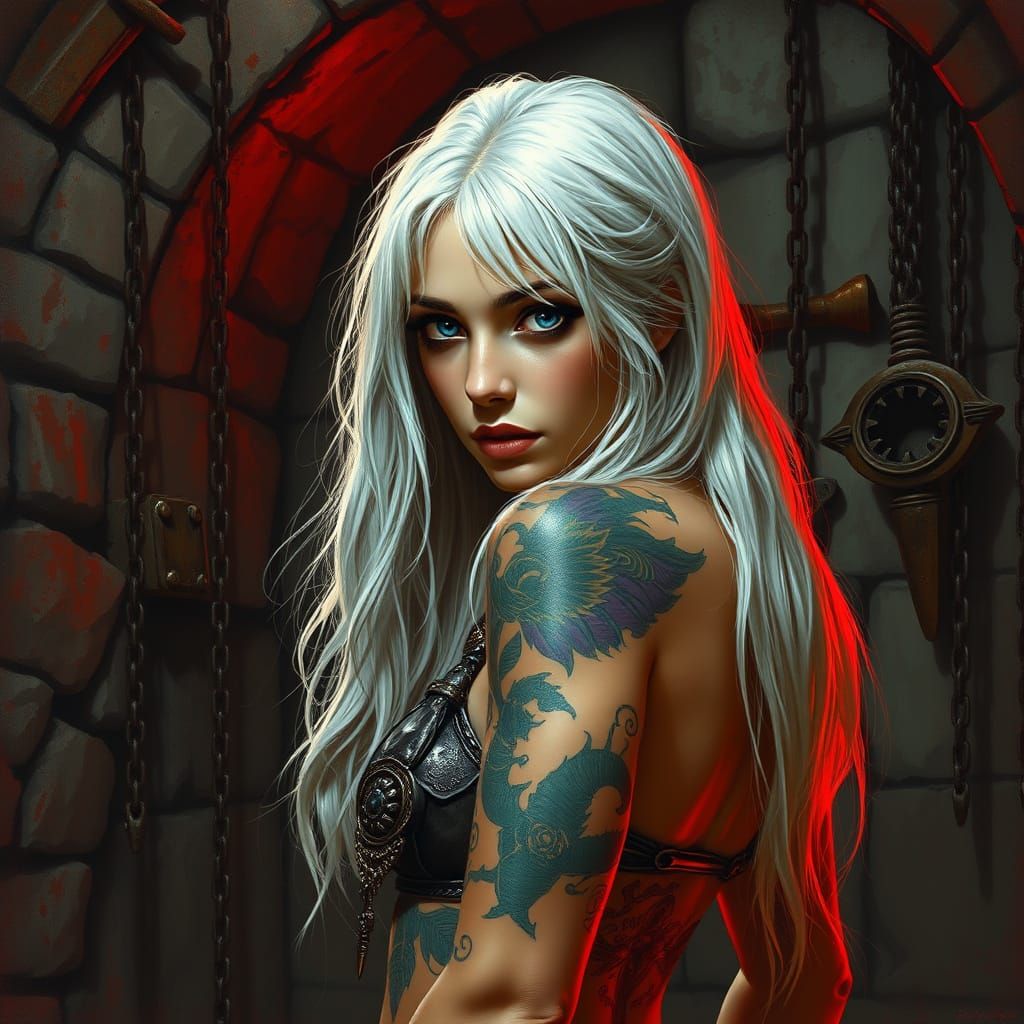 Dramatic European Woman in Dungeon Setting, Inspired by Dark...