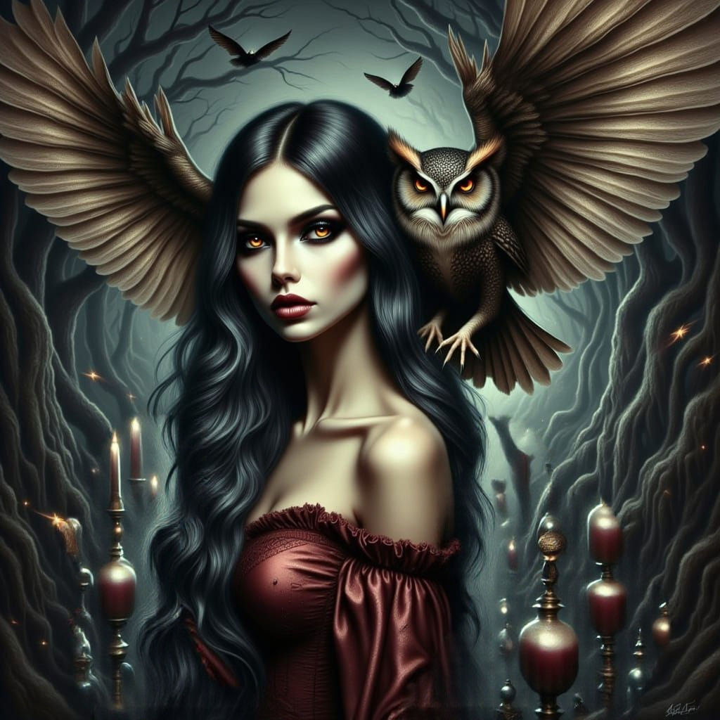 Surreal Goddess with Demonic Owl in Dark Fantasy Oil Paintin...