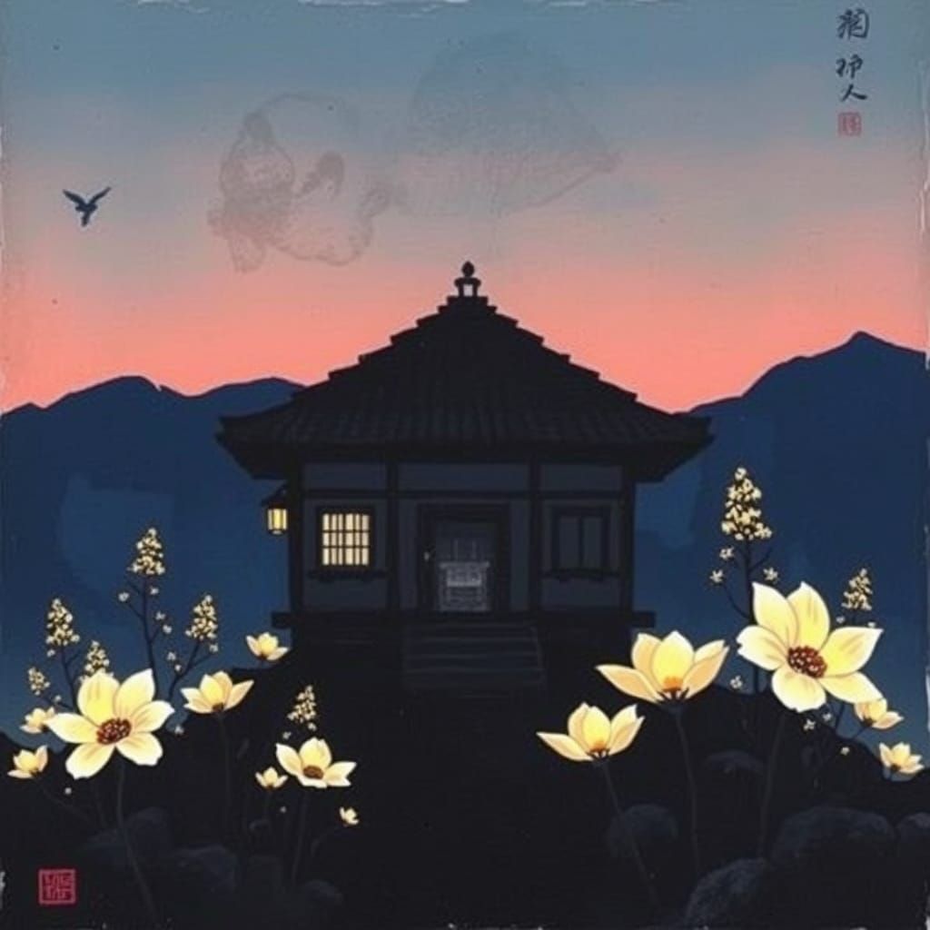 Ancient House Silhouetted Against Twilight Sky with Glowing ...