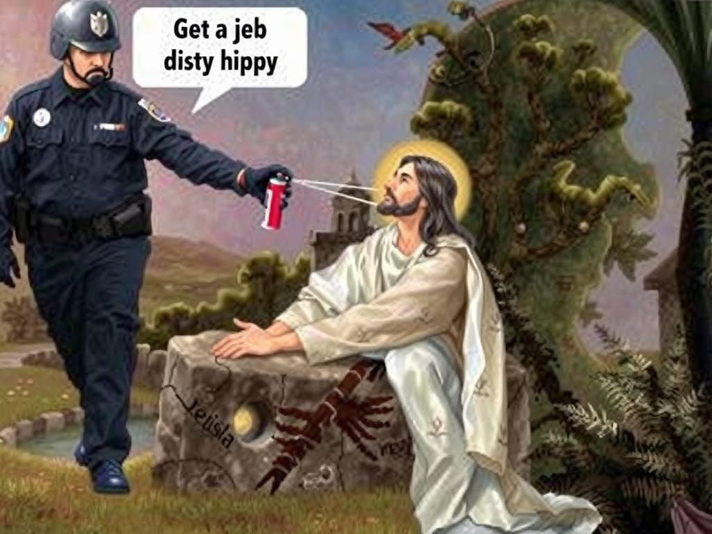 Cop Sprays Jesus: Whimsical Comic Book Scene