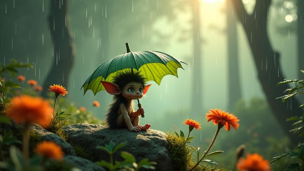 The elf holds a large green leaf like an umbrella.