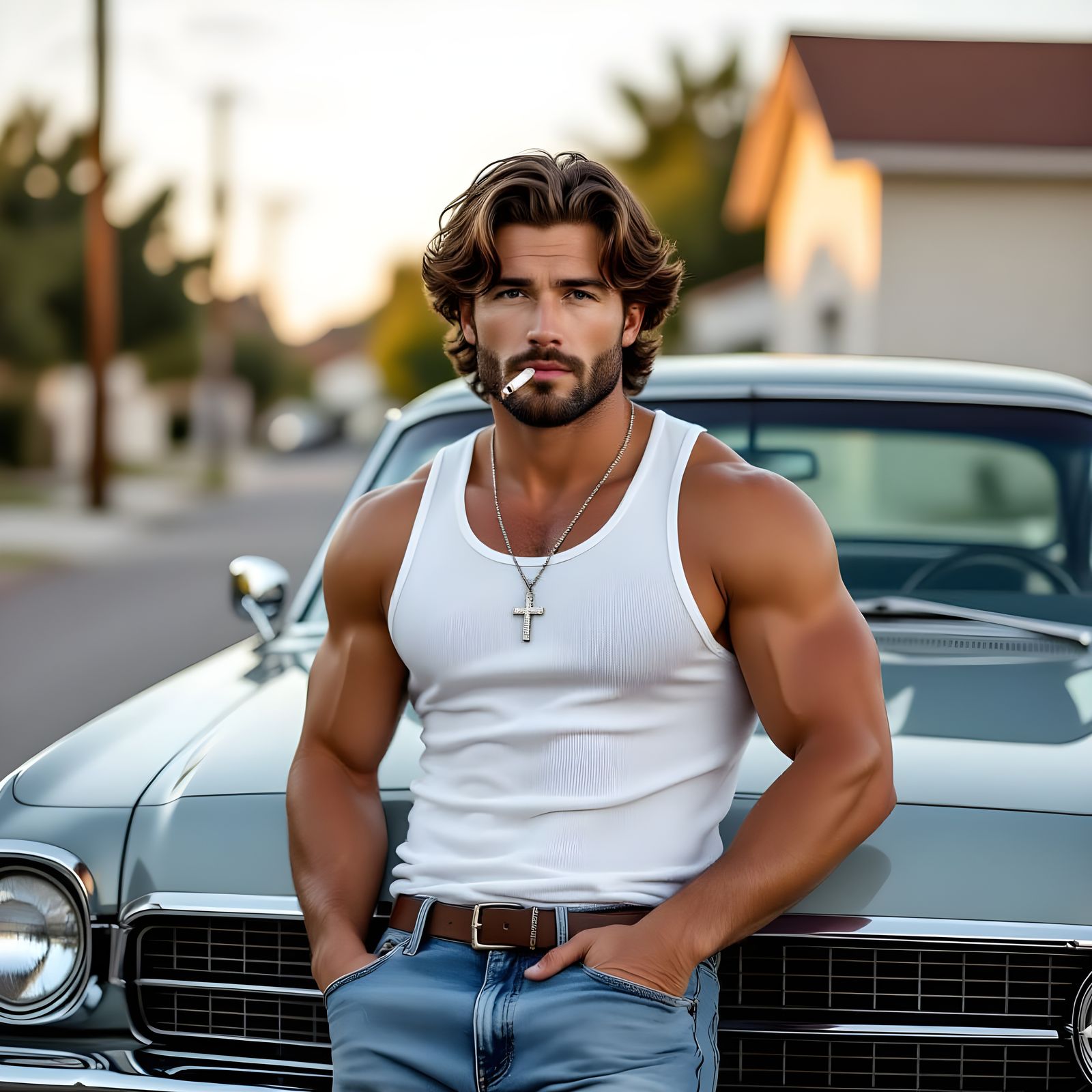 Brooding Man with Tattoos Leaning on Classic Car