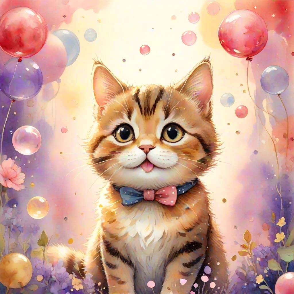 Chibi Cat Blows Valentine's Day Bubble Gum Bubble in Vintage...