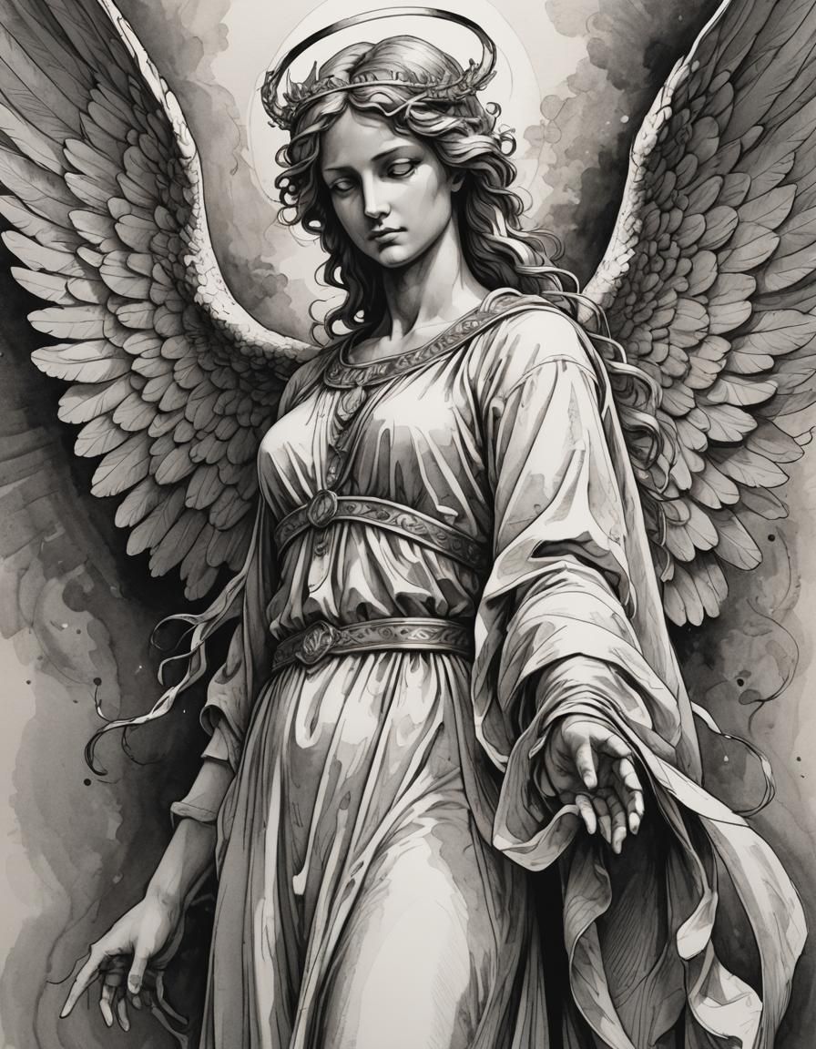 Elegant Angel in Detailed Monochrome Line Art