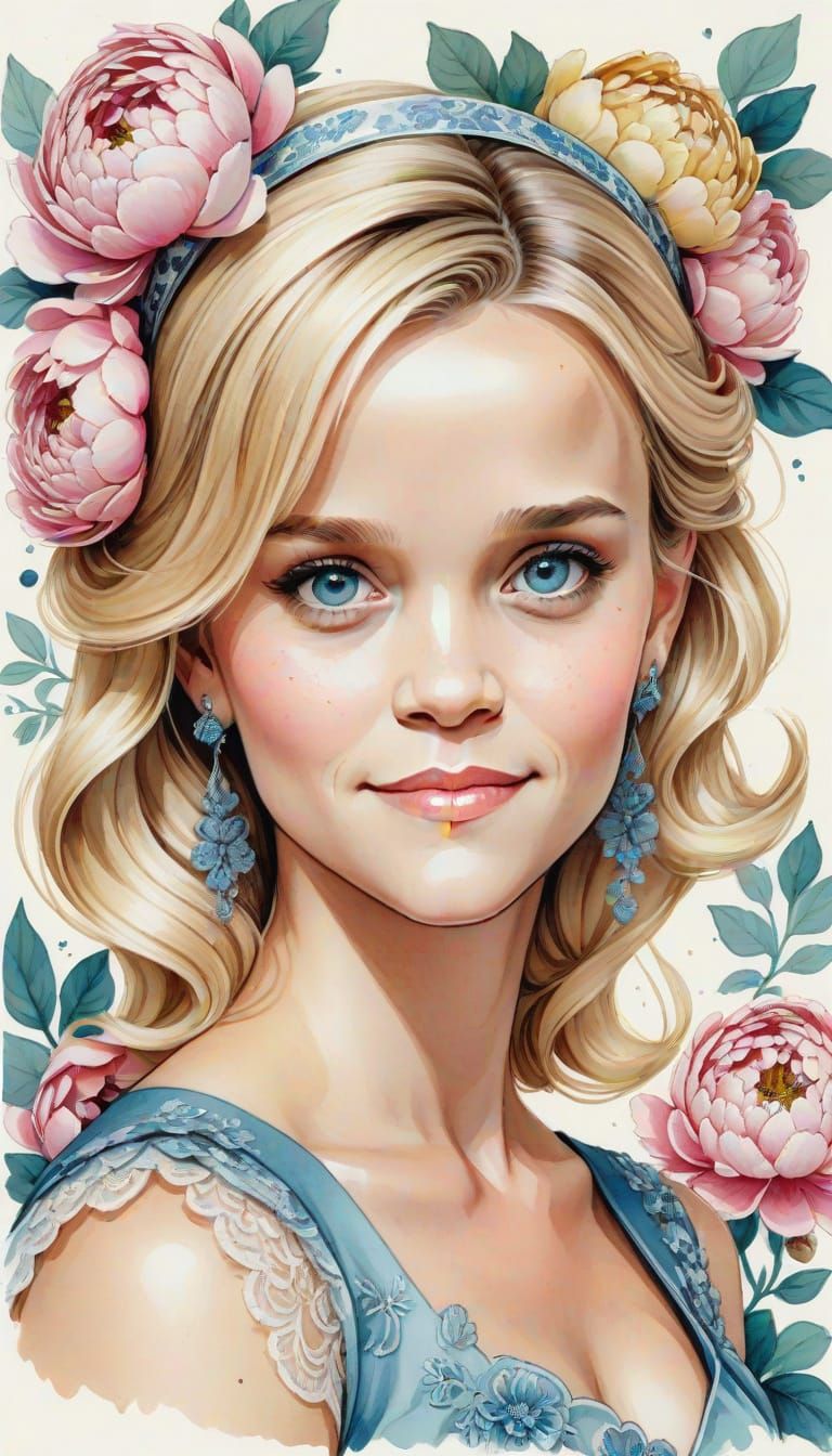 Kawaii Reese Witherspoon Portrait in Elegant Anime Style