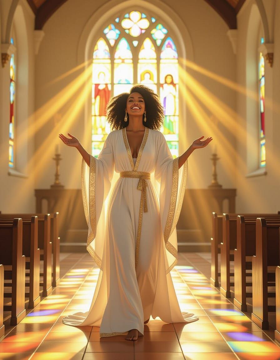 Radiant Woman in White and Gold Robes Embraces Divine Light