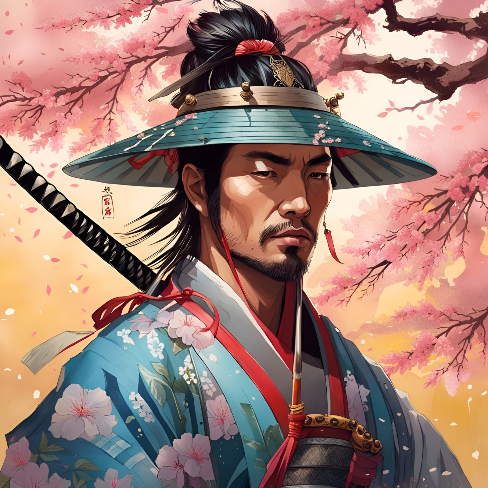 Samurai in Sunny Cherry Blossom Garden