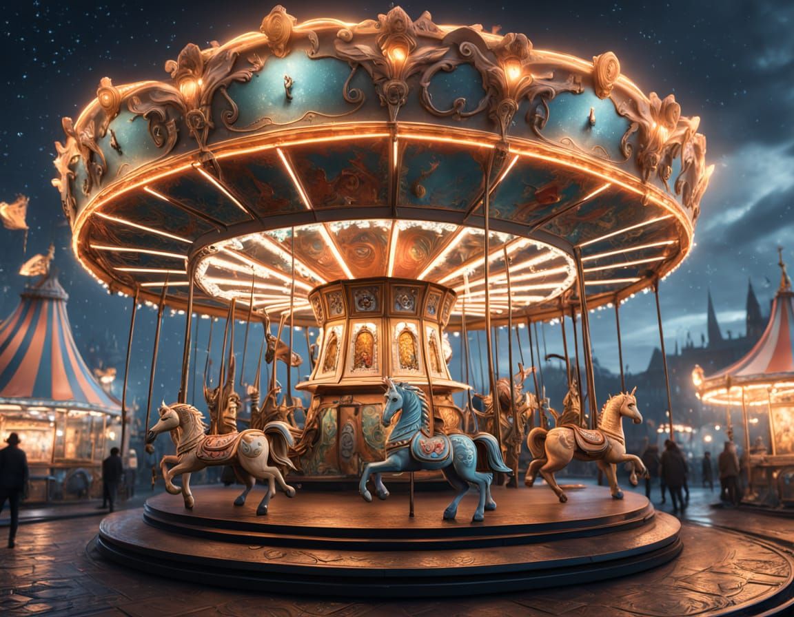 Vintage Carousel at Night: Mythical Beasts in Digital Art