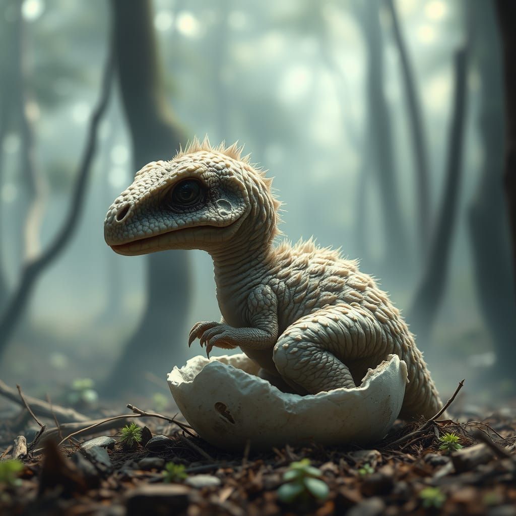 Dinosaur Hatchling Emerges in Prehistoric Forest