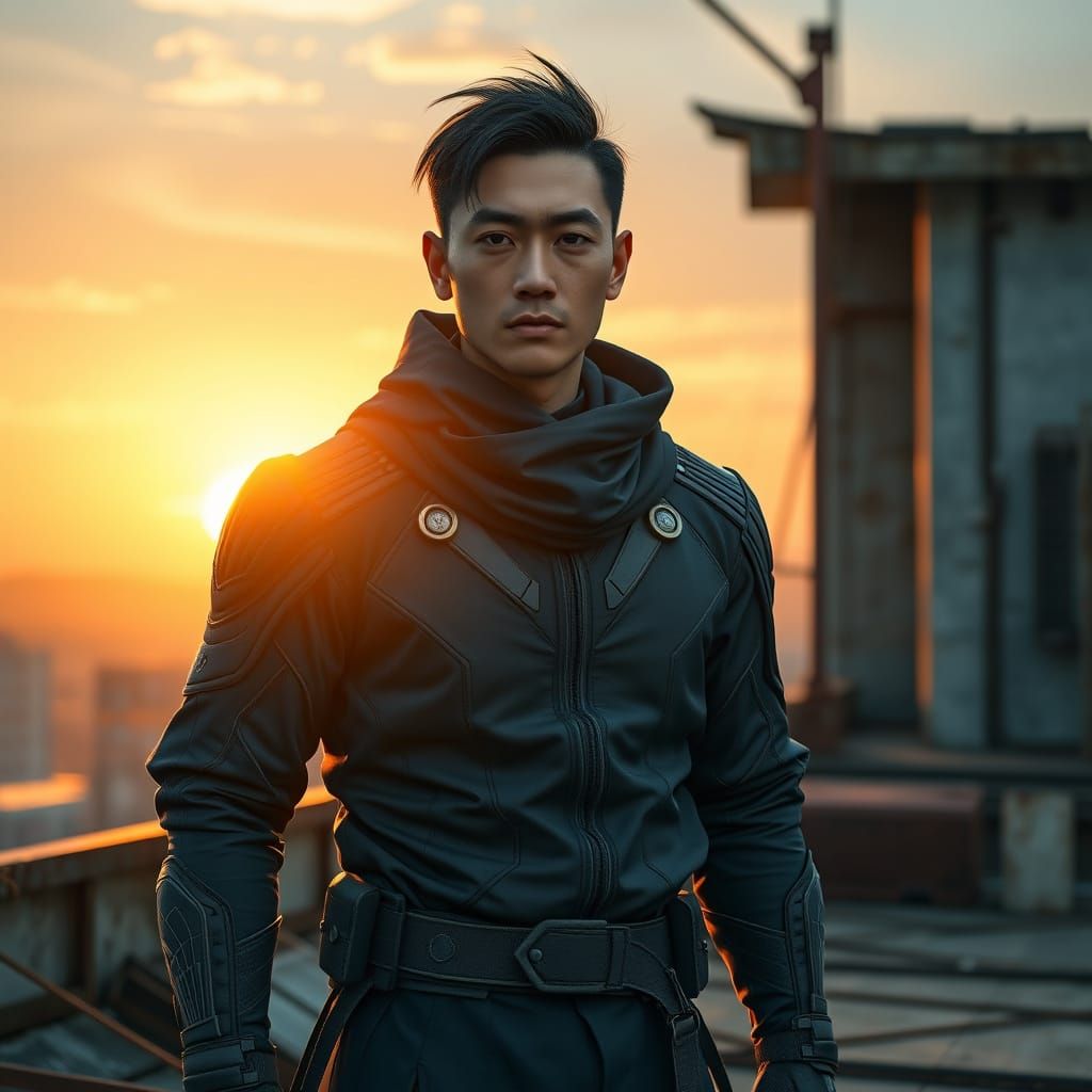 Chinese Ninja Superhero Embodies Sunset Rooftop Vigilance