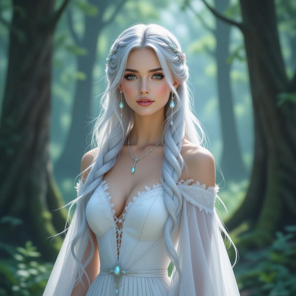 Ethereal Silver-Haired Woman in Forest