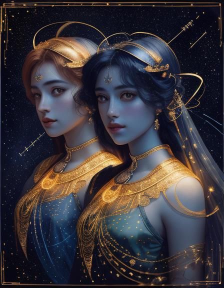 Gemini Woman Double Exposure in Line Art