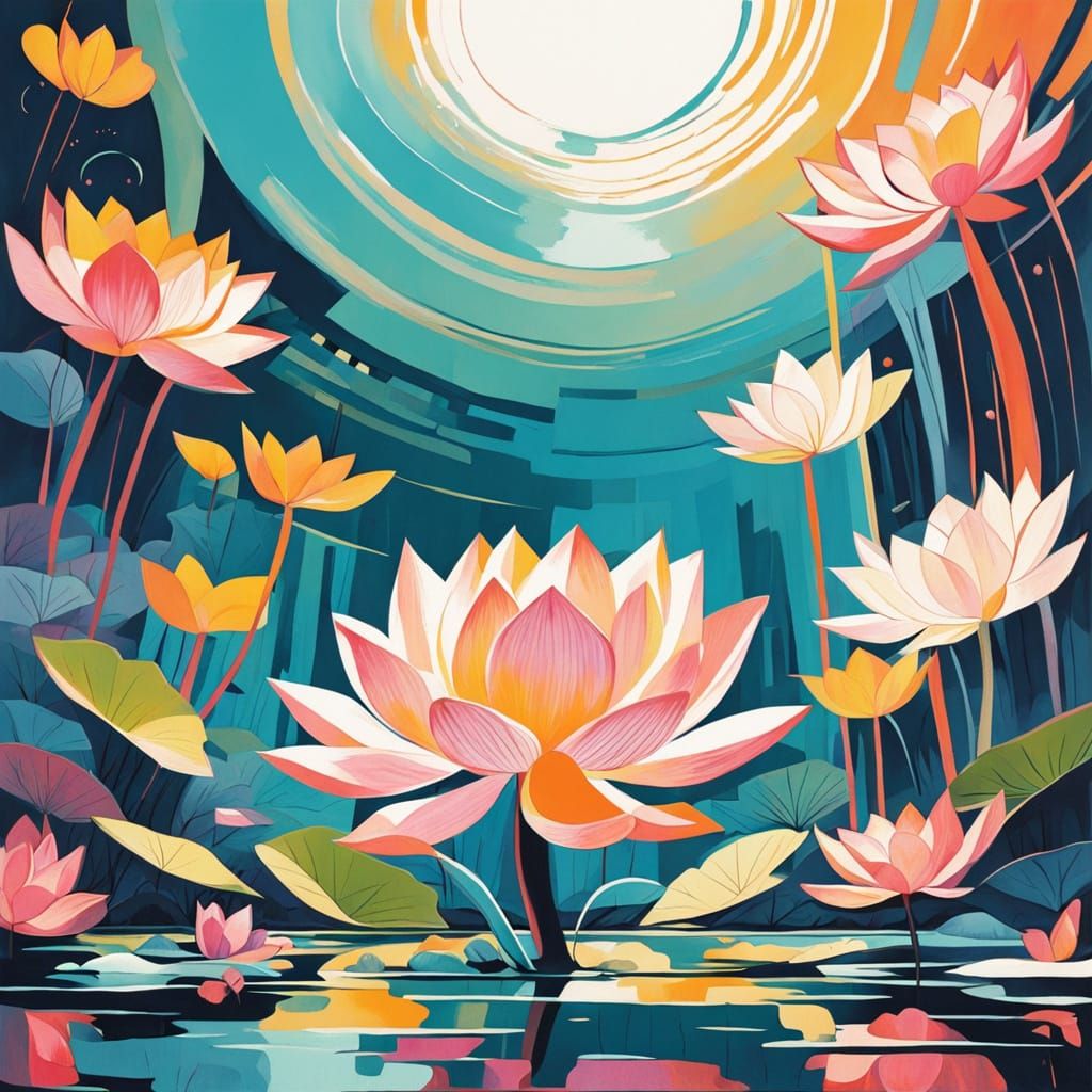 Ethereal Lotus Blooms in a Tranquil Chinese-Inspired Pond Sc...
