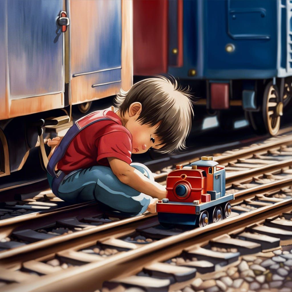 Toddler Playing with Train in Anime Watercolor Style