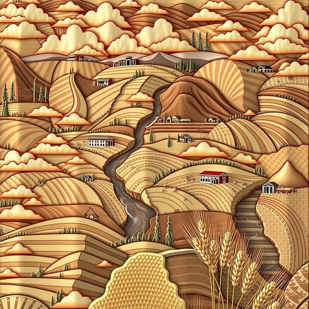 Golden Hour Landscape with Wheat Fields and Hills