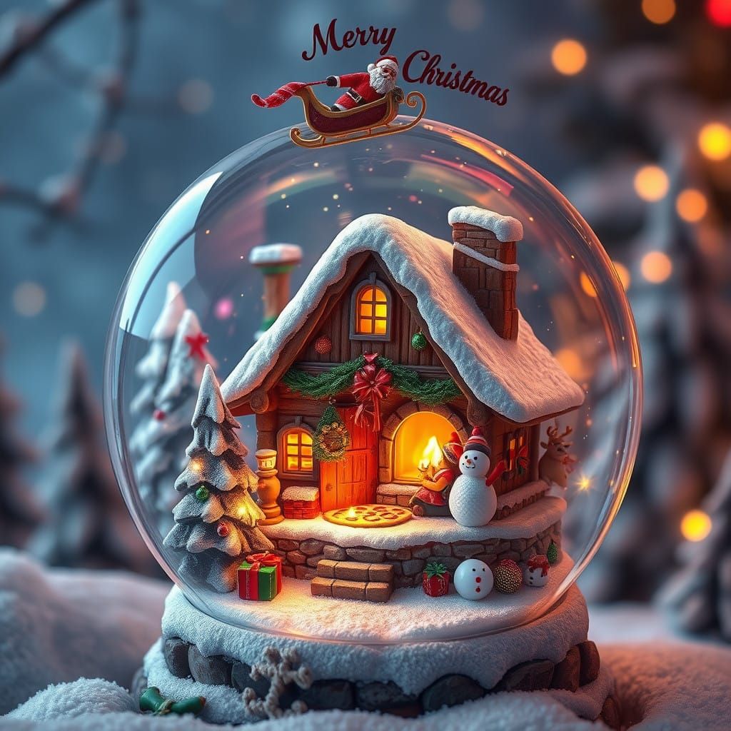 Whimsical Christmas Scene in a Snow Globe with Vibrant Decor...