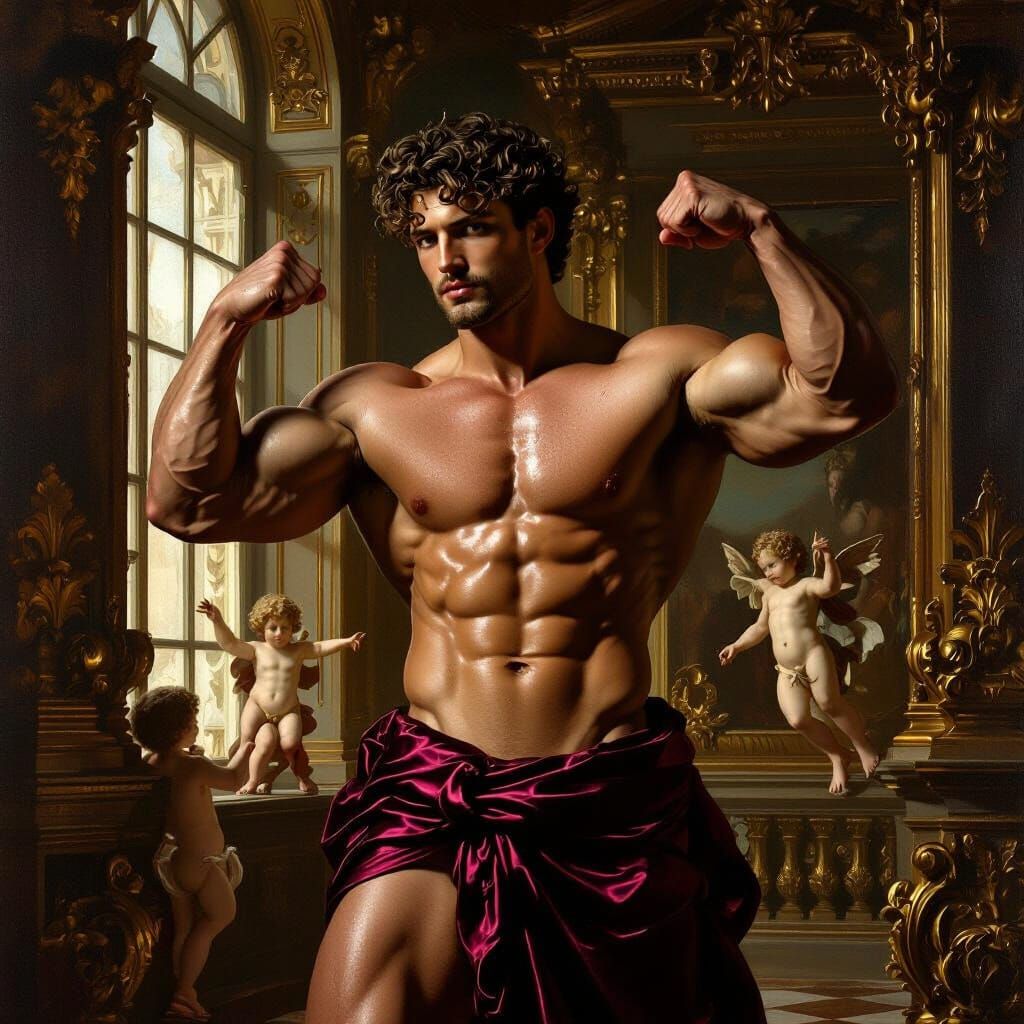 Baroque Masterpiece: Muscular Man in Opulent Salon