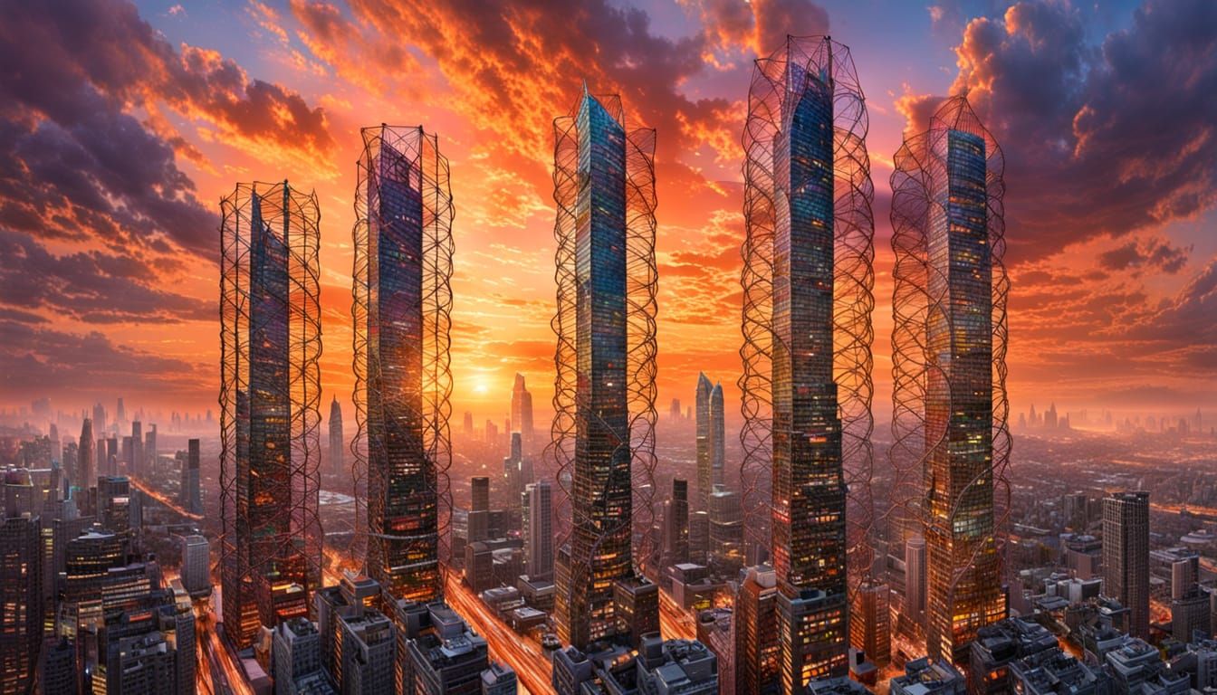 Ethereal Wireframe Skyscrapers at Sunset