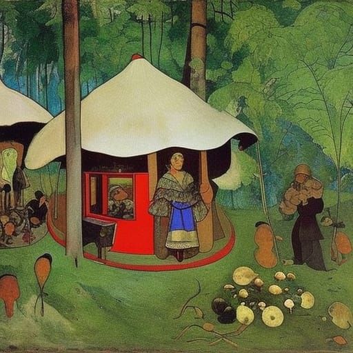 Cozy Forest Hut Interior in Folk Art Style