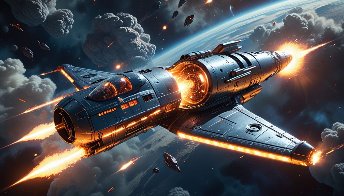 Retro-Futuristic Rocket Ascends from Orbit in Sci-Fi Art