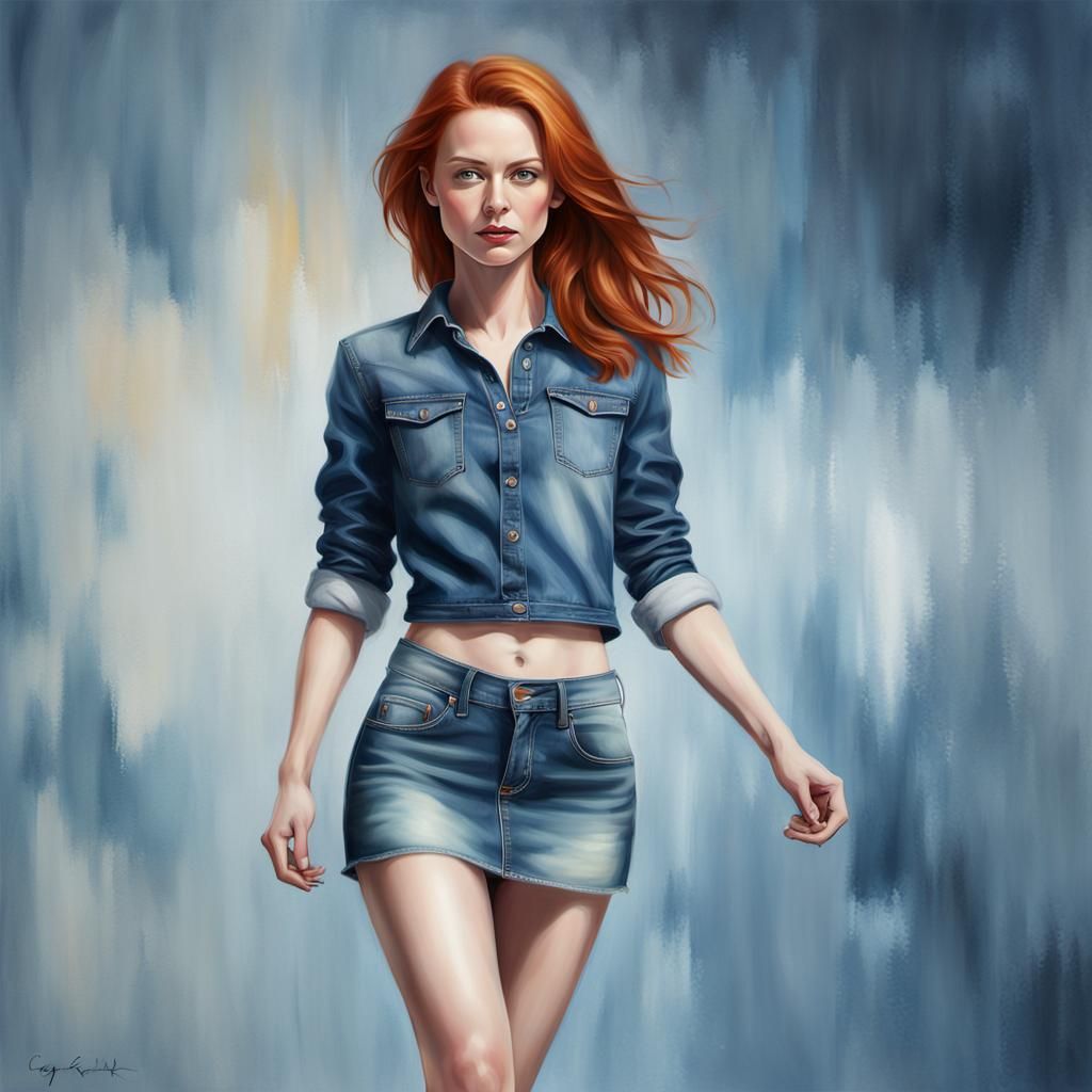 redhead in denim dress.