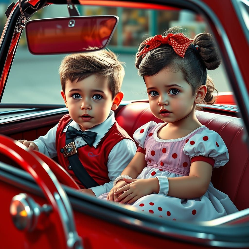 Babies as Danny and Sandy in 1950s Car