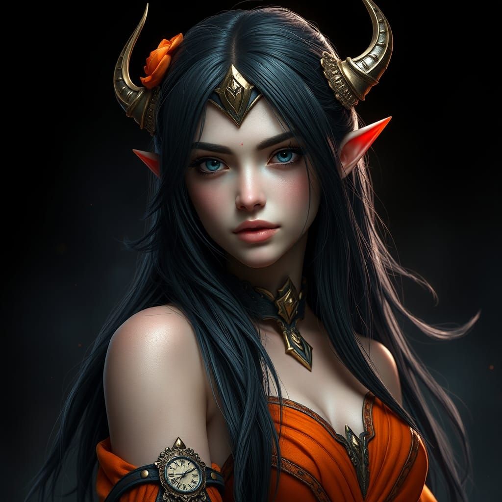High-Elf Woman in Orange Dress: Fantasy Concept Art