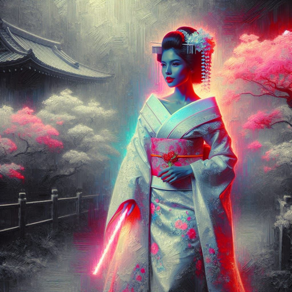 Hyperrealistic Geisha in Neon-Lit Japanese Garden