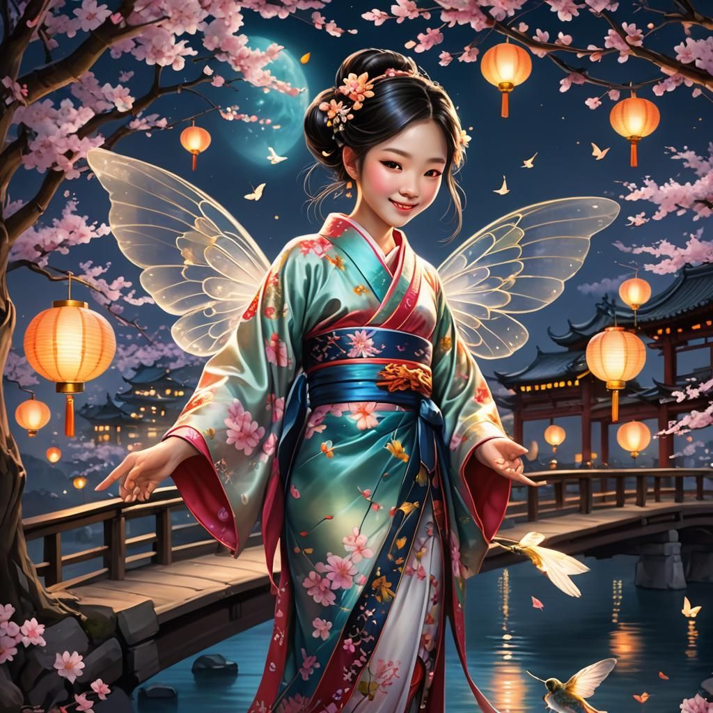 Asian Fairy with Kimono on Moonlit Night