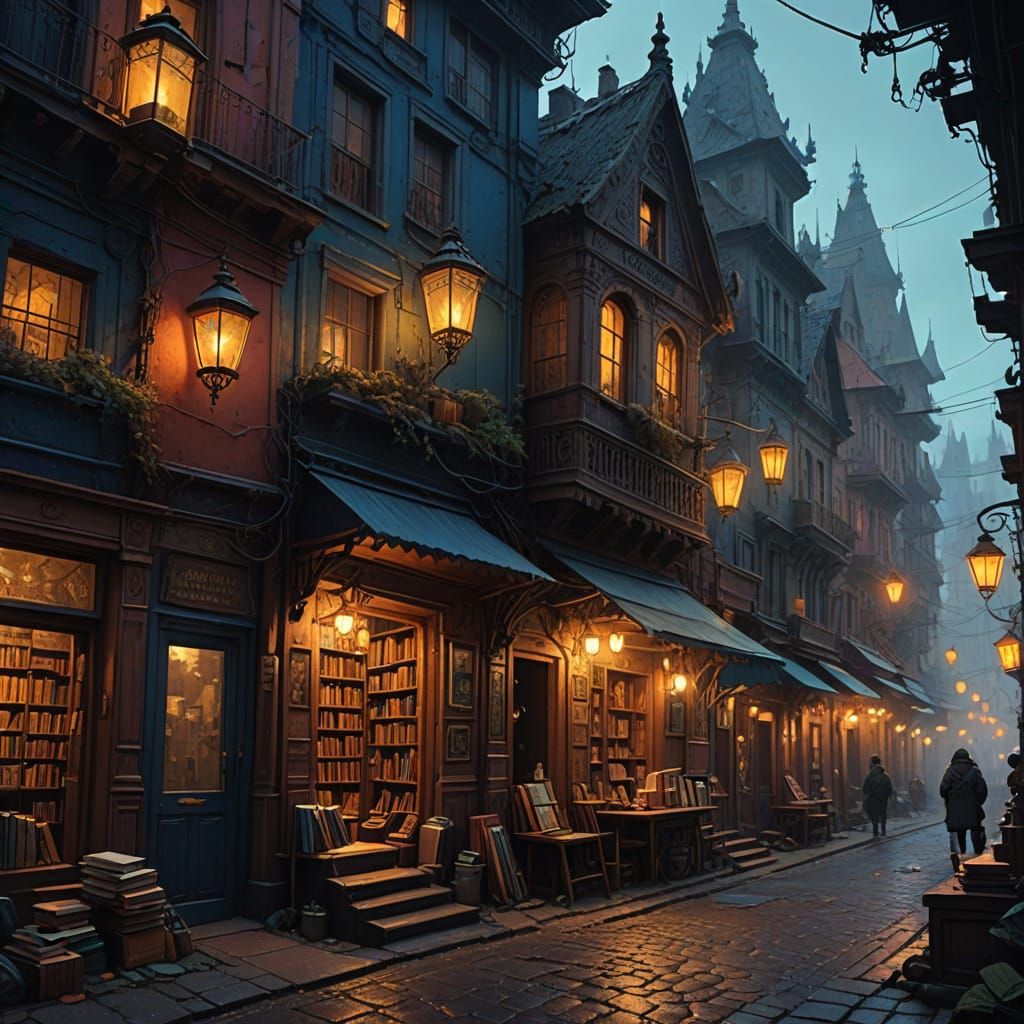 Eclectic Bookstore spills onto cobblestone street in vibrant...