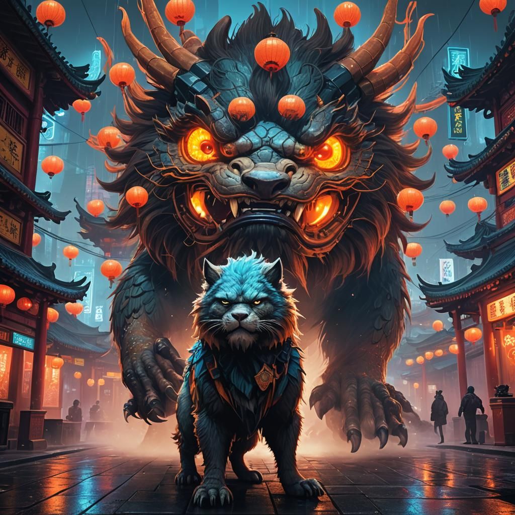 Cyberpunk Cityscape with Furry Tribble, Neon Lights