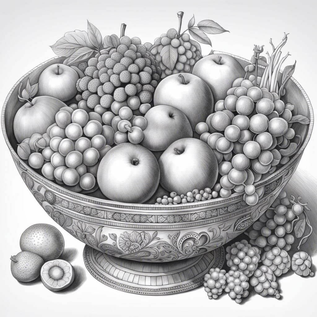Hyperdetailed Fruit Bowl Pencil Sketch
