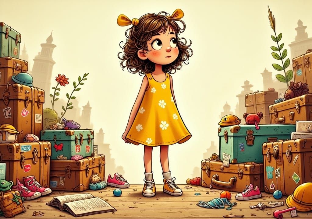 Girl Awaiting Parents in Whimsical Folk-Art Style