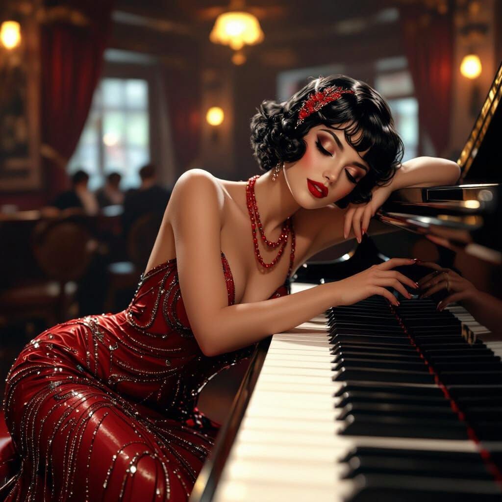 1920s Jazz Singer on Piano in Sequins and Feathers