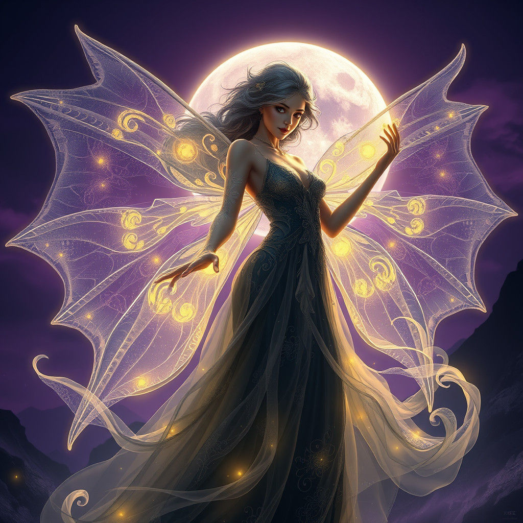 Majestic Moon Fairy in Dark Fantasy Landscape