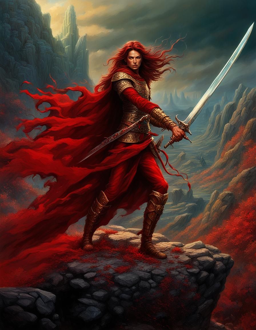 Red-Haired Warrior with Sword in Fantasy Landscape