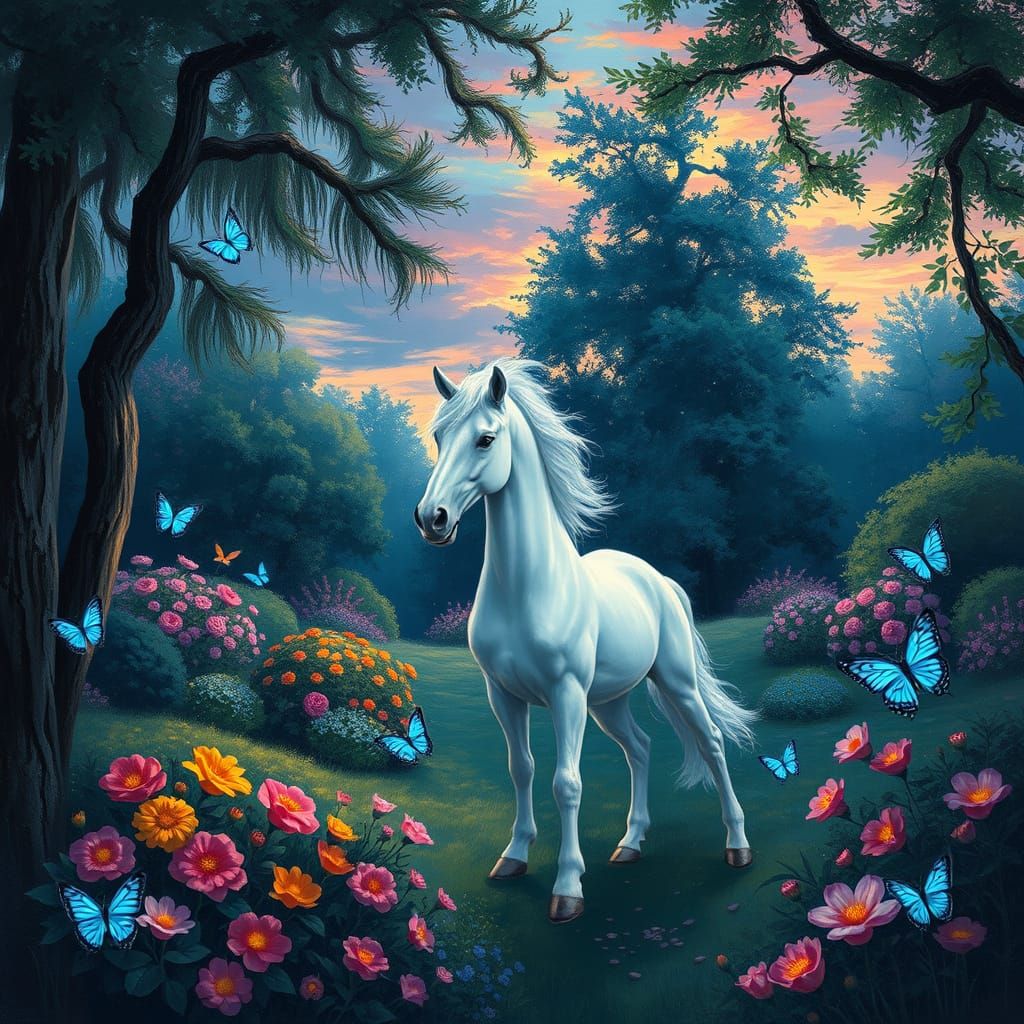 Twilight Garden Unicorn with Fairies in Impressionist Style
