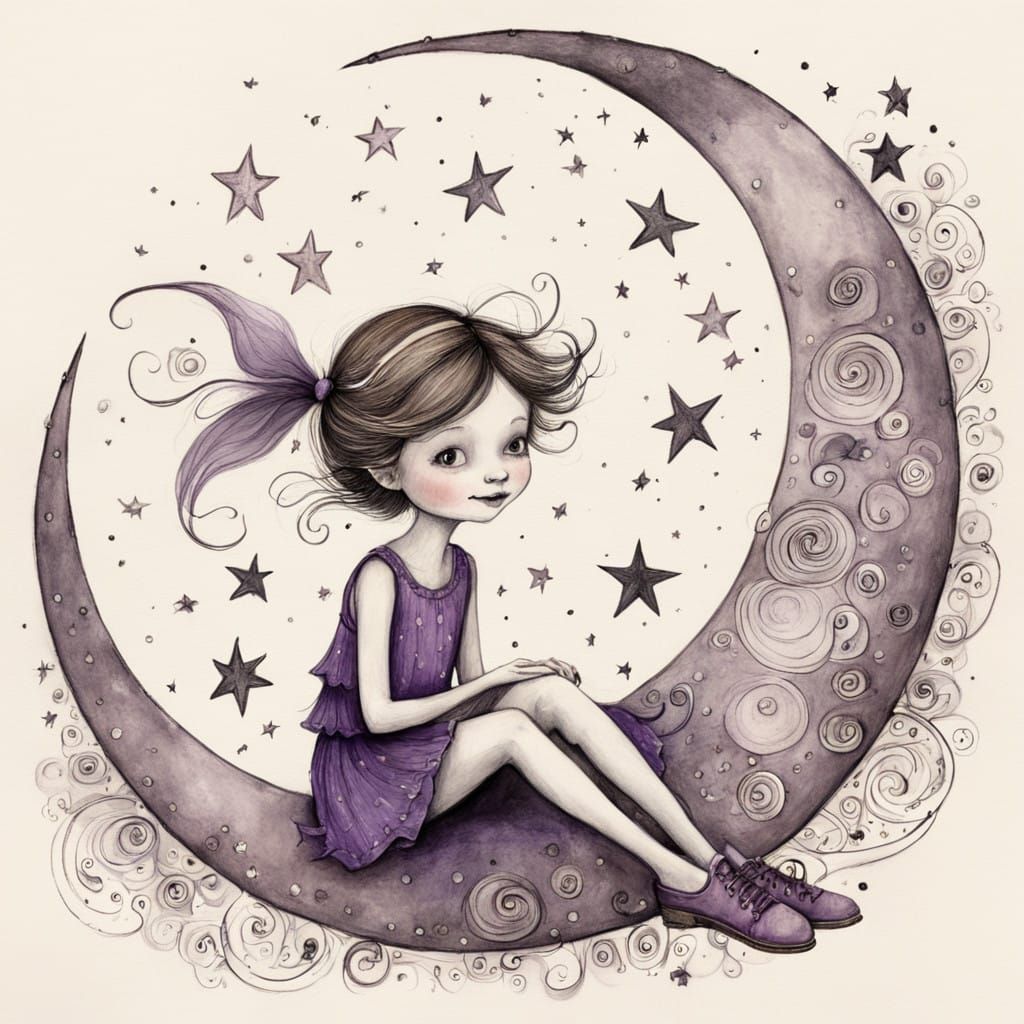 Pixie Enjoys a Magical Moment on a Vibrant Crescent Moon in....