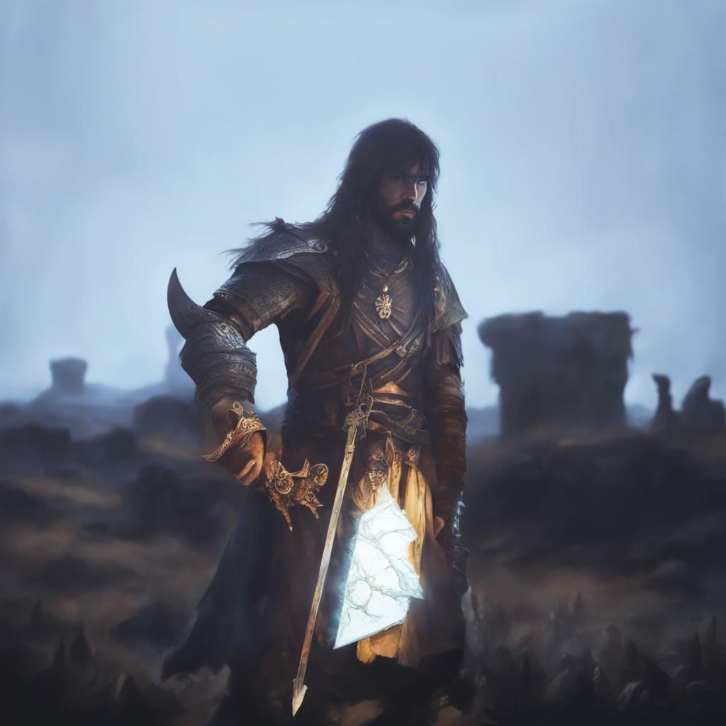 Warrior with Glowing Eyes in Fantasy Landscape