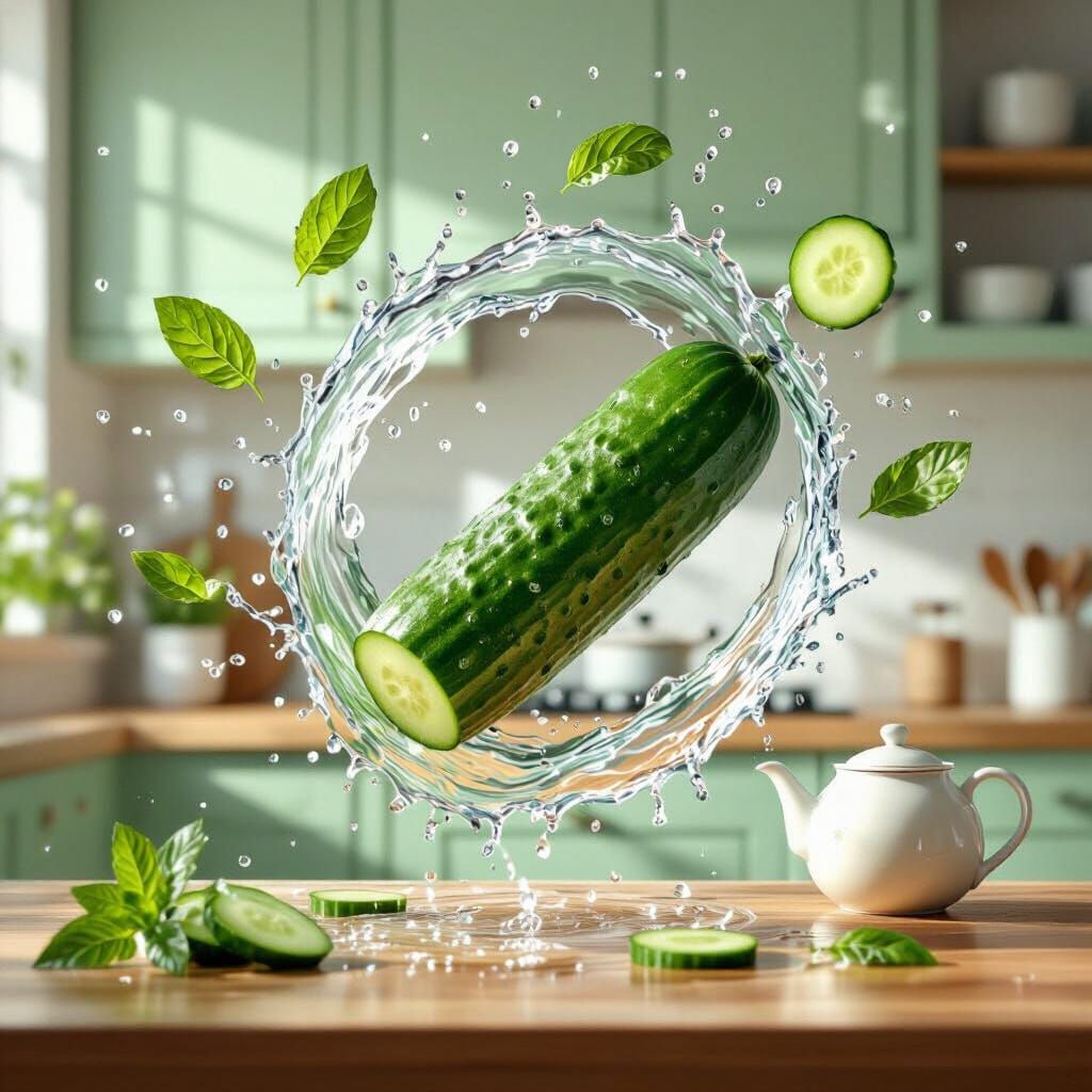 Hyper-Realistic Cucumber Vortex in Light-Filled Kitchen