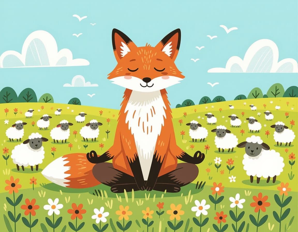 Meditating Fox in Field, Cartoon Style