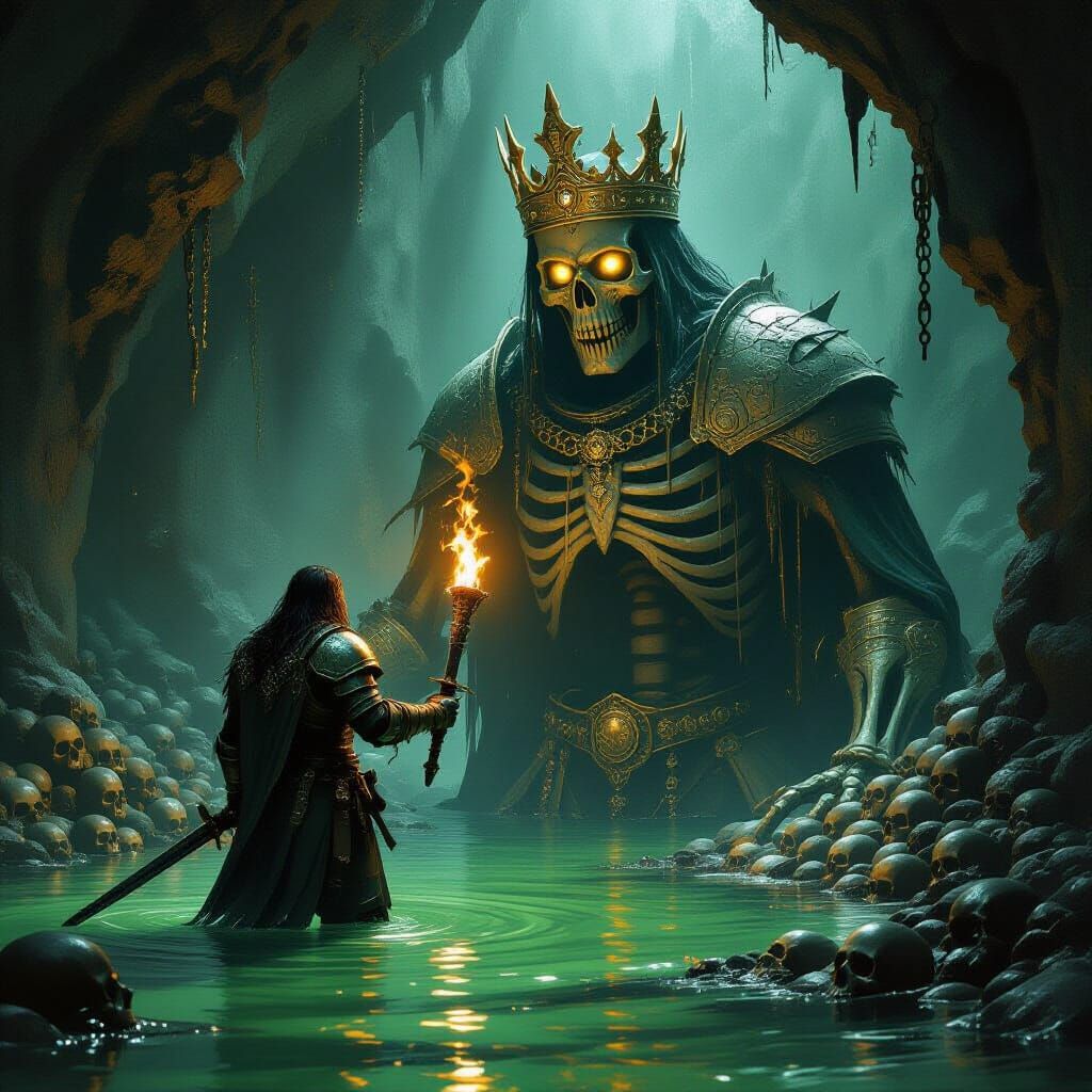Warrior Faces Skeletal King in Murky Cave