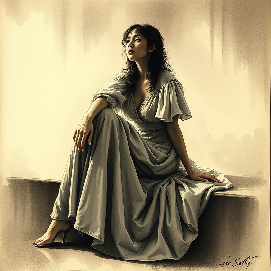 Contemplative Woman in Charcoal Drawing Style