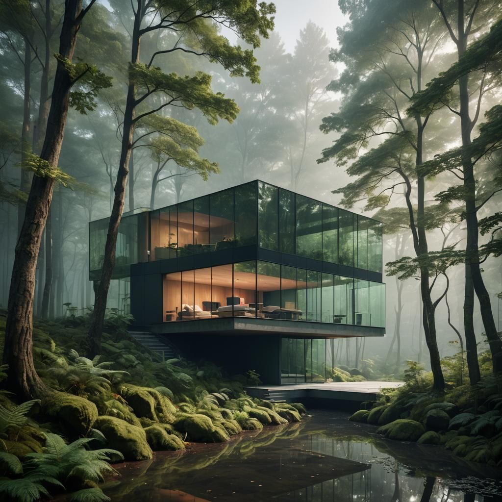 Misty Forest Retreat House in Hyperreal Style